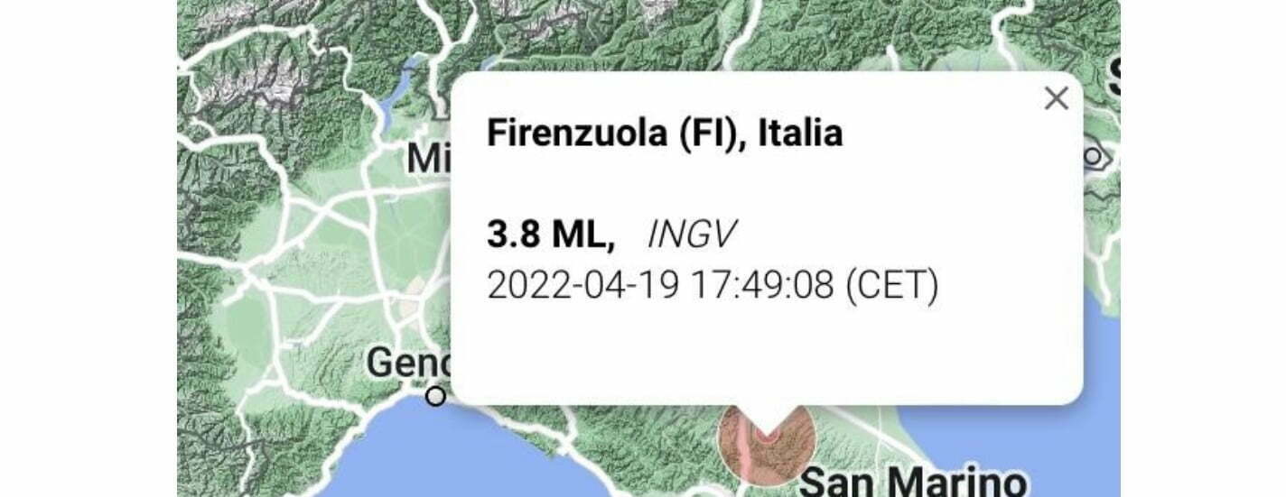 Scossa sismica di magnitudo 3.8 a Firenzuola. Avvertita anche a Scarperia